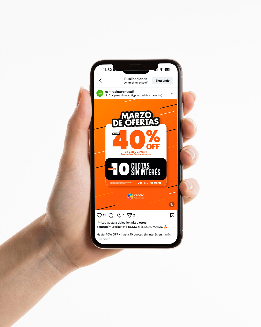 Publicación de Instagram Marzo de Ofertas de Centro Pinturerías, 40 por ciento de descuento y diez cuotas