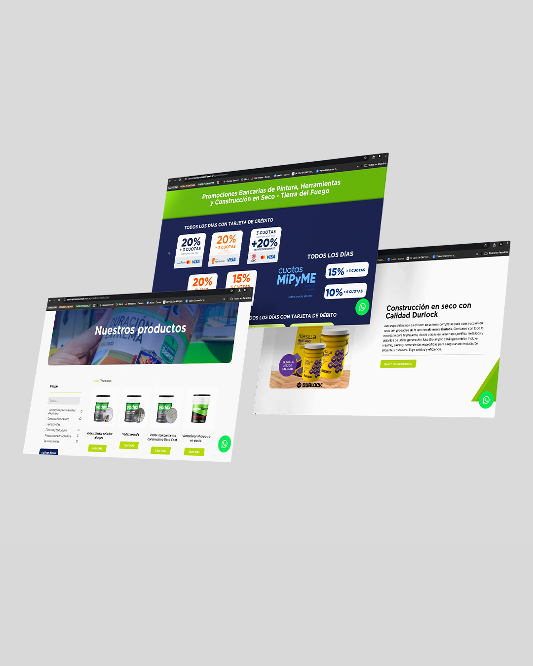 Pantallas del sitio web con productos, promociones bancarias y construcción en seco