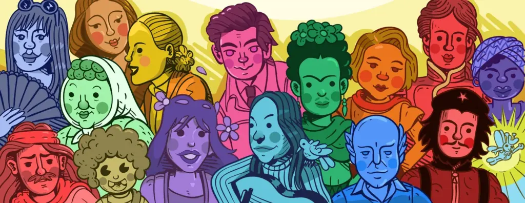 Ilustraciones de personajes de Chirimbote en una composición de colores cálidos