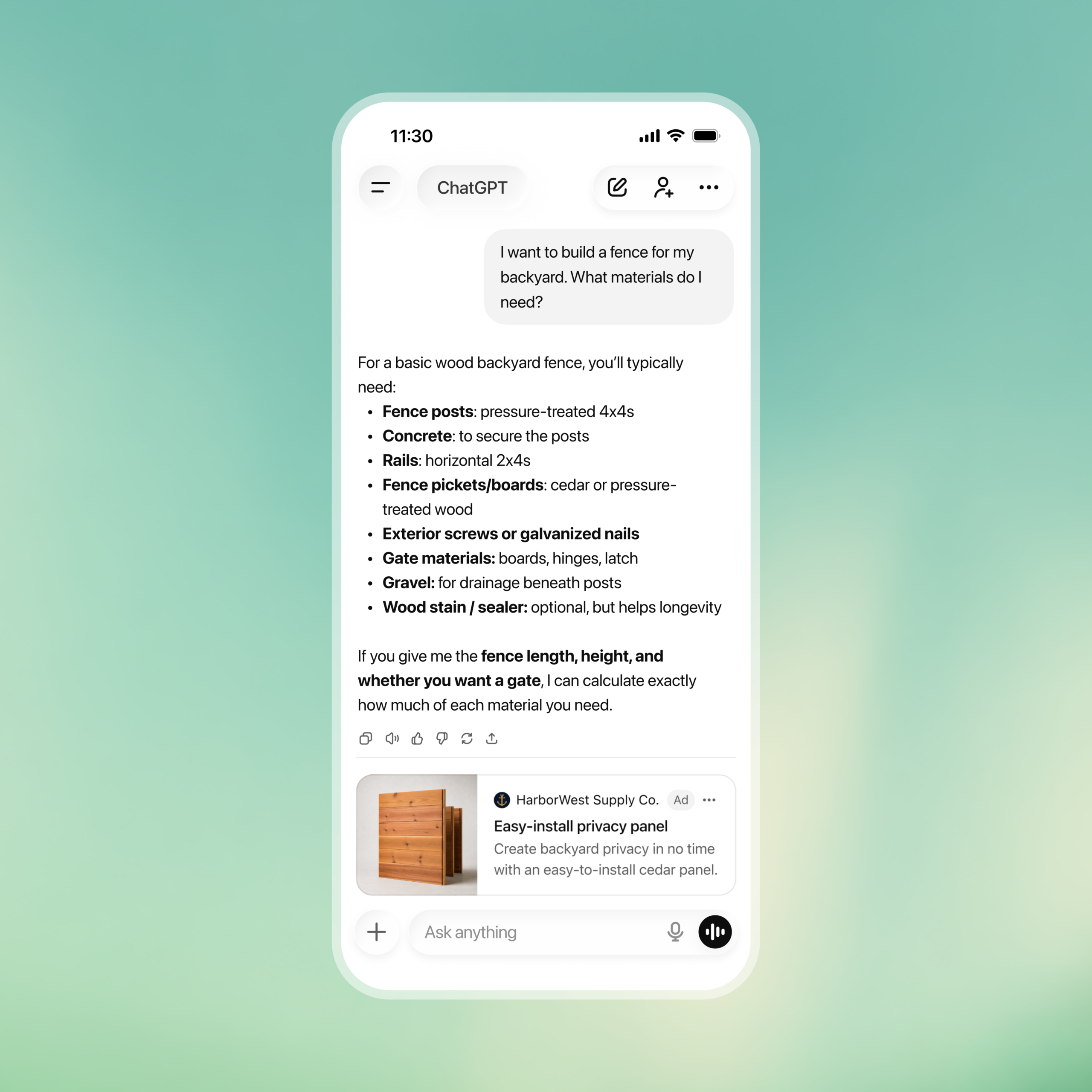 Ejemplo ilustrativo oficial de OpenAI: un anuncio patrocinado debajo de una conversación en ChatGPT